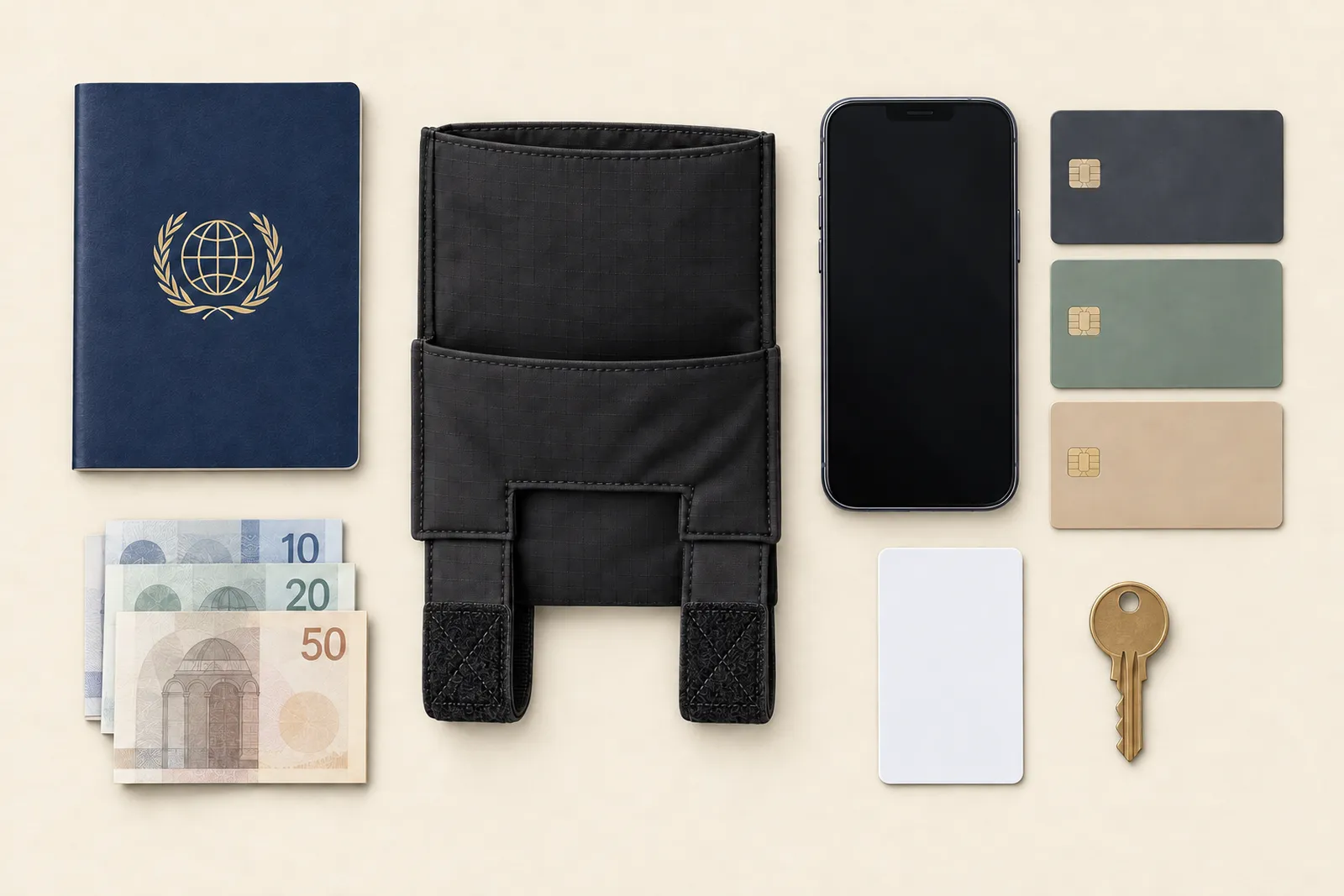 Flat lay of the pouch with a passport, phone, three cards, cash, a room key card and a house key