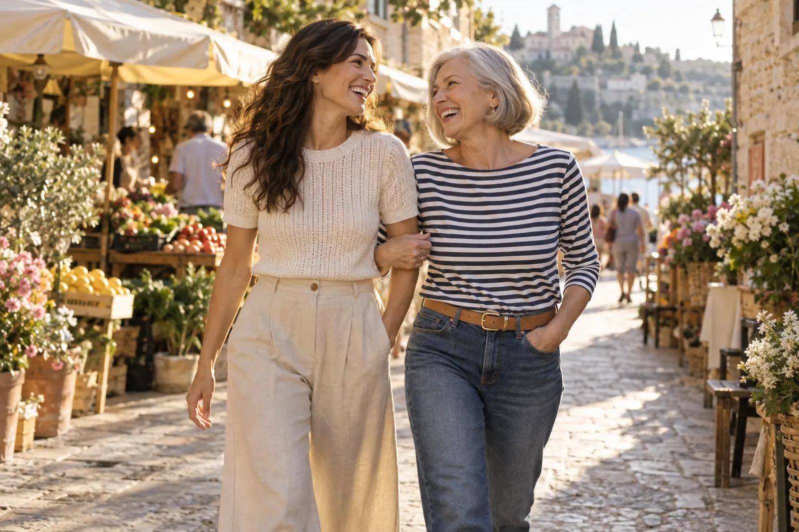 A daughter and her mother laughing as they walk arm in arm through a sunny market